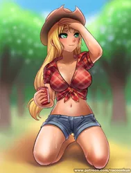 Size: 700x927 | Tagged: applejack, artist:racoonsan, barefoot, belly button, breasts, cleavage, clothes, covering eyes, cowboy hat, cowgirl, cup, denim shorts, derpibooru import, feet, female, freckles, front knot midriff, green eyes, hat, human, humanized, kneeling, midriff, sexy, shorts, skimpy outfit, solo, solo female, suggestive, sweat