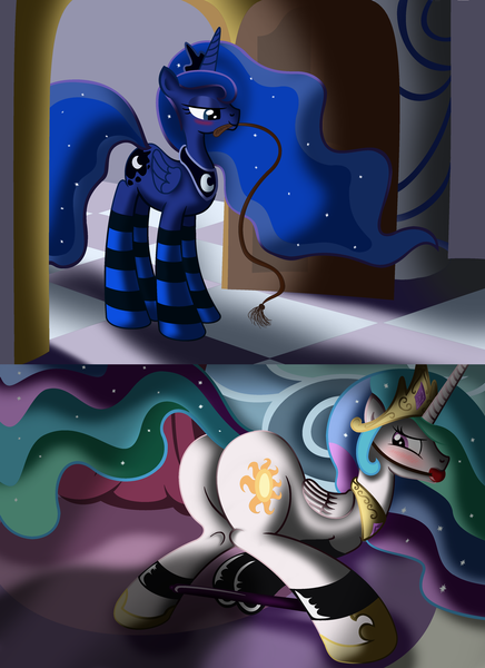 Size: 1600x2200 | Tagged: suggestive, artist:ziemniax, derpibooru import, princess celestia, princess luna, alicorn, pony, ballgag, blushing, bondage, clothes, door, female, femsub, gag, incest, lesbian, mare, plot, princest, shipping, show accurate, show accurate porn, siblings, sisters, socks, spreader bar, striped socks, sublestia, submission, submissive, sunbutt, whip