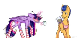 Size: 1024x510 | Tagged: safe, artist:loladotz, derpibooru import, flash sentry, twilight sparkle, twilight sparkle (alicorn), alicorn, pony, apron, bed mane, clothes, coffee, coffee mug, female, flashlight, floppy ears, magic, male, morning ponies, scar, shipping, socks, straight, striped socks, telekinesis