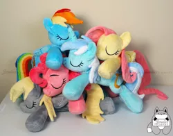 Size: 4200x3300 | Tagged: safe, artist:janellesplushies, derpibooru import, derpy hooves, fluttershy, lyra heartstrings, pinkie pie, rainbow dash, pegasus, pony, cuddle puddle, cuddling, cute, daaaaaaaaaaaw, female, irl, mare, photo, plushie, pony pile