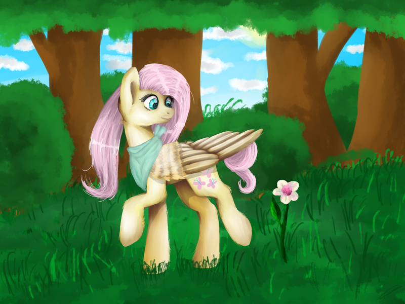 Size: 1600x1200 | Tagged: safe, artist:lanastein, derpibooru import, fluttershy, bandana, flower, forest, solo