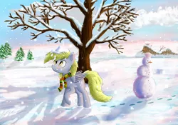 Size: 3000x2100 | Tagged: safe, artist:o0o-bittersweet-o0o, derpibooru import, derpy hooves, pegasus, pony, bare tree, clothes, female, grin, mare, scarf, smiling, snow, snowfall, snowman, solo, tree, winter