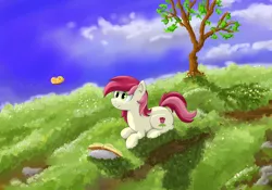 Size: 3000x2100 | Tagged: safe, artist:o0o-bittersweet-o0o, derpibooru import, roseluck, butterfly, book, cloud, grass, prone, solo, tree