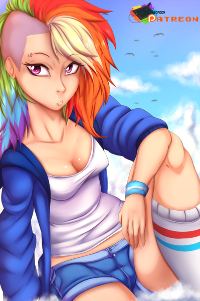 Size: 1928x2900 | Tagged: artist:rainbowscreen, bird, breasts, busty rainbow dash, cleavage, clothes, cloud, derpibooru import, female, human, humanized, midriff, patreon, patreon logo, punk, rainbow dash, rainbow punk, shorts, sitting, sky, socks, solo, solo female, suggestive, undercut, wristband