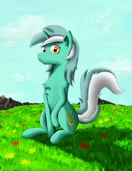 Size: 1965x2550 | Tagged: safe, artist:o0o-bittersweet-o0o, derpibooru import, lyra heartstrings, chest fluff, meadow, sitting, solo