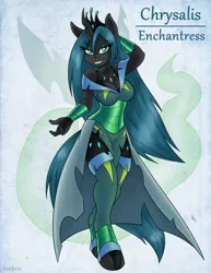 Size: 2550x3300 | Tagged: suggestive, artist:ambris, derpibooru import, queen chrysalis, anthro, unguligrade anthro, adventuring is magic, beckoning, bedroom eyes, breasts, busty queen chrysalis, cleavage, colored pupils, enchantress, fangs, female, grin, looking at you, smiling, solo, solo female