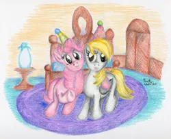 Size: 1280x1039 | Tagged: safe, artist:kuroitsubasatenshi, derpibooru import, derpy hooves, pinkie pie, earth pony, pegasus, pony, duo, fanfic art, fanfic cover, female, hat, mare, party hat, pinkie's room, traditional art