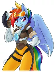 Size: 2550x3300 | Tagged: anthro, artist:ambris, clothes, colored pupils, cosplay, costume, crossover, derpibooru import, female, goggles, grin, overwatch, pegasus, rainbow dash, rainbow tracer, safe, smiling, smirk, solo, tracer