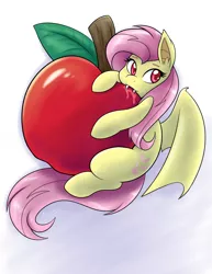 Size: 2550x3300 | Tagged: safe, artist:ambris, derpibooru import, fluttershy, bat pony, pony, apple, chibi, colored pupils, cute, flutterbat, food, micro, nom, race swap, shyabates, shyabetes, solo, tiny ponies