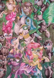 Size: 2189x3165 | Tagged: safe, artist:lunar-white-wolf, derpibooru import, bon bon, fluttershy, pinkie pie, queen chrysalis, sweetie drops, twilight sparkle, twilight sparkle (alicorn), zecora, alicorn, changeling, pony, zebra, the cutie re-mark, alternate timeline, chrysalis resistance timeline, fight, gritted teeth, magic, mouth hold, rearing, resistance leader zecora, spear, traditional art, tribal pie, tribalshy, watercolor painting, weapon