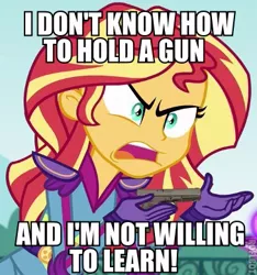Size: 365x390 | Tagged: safe, derpibooru import, edit, edited screencap, screencap, sunset shimmer, equestria girls, friendship games, angry, caption, exploitable meme, gun, image macro, meme, no trigger discipline, solo, sunset is not willing to learn, this will end in tears and/or death, weapon, you see ivan