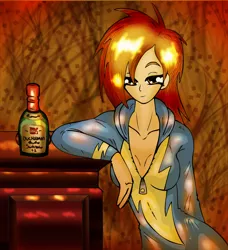 Size: 2480x2719 | Tagged: alcohol, artist:alcasar-reich, bedroom eyes, bottle, breasts, busty spitfire, cleavage, clothes, derpibooru import, female, human, humanized, jumpsuit, looking at you, open clothes, solo, solo female, spitfire, stupid sexy spitfire, suggestive, wonderbolts uniform