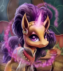 Size: 900x1007 | Tagged: safe, artist:tsitra360, derpibooru import, saffron masala, pony, unicorn, spice up your life, bandana, chef, clothes, cute, ear piercing, earring, female, indian, jewelry, looking at you, magic, mare, piercing, saffronbetes, smiling, solo