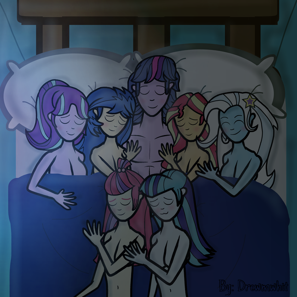 Size: 2048x2048 | Tagged: dead source, suggestive, artist:drewmwhit, derpibooru import, flash sentry, moondancer, sonata dusk, starlight glimmer, sunset shimmer, trixie, twilight sparkle, equestria girls, bare chest, counterparts, crack shipping, dusk shine, dusk shine gets all the mares, equestria girls-ified, equestria guys, flare warden, half r63 shipping, harem, implied nudity, implied sex, lookadis mudda fugga, lucky bastard, male, masterpiece, nudity, rule 63, shipping, sleeping, titties denied, twilight's counterparts, twilight's harem