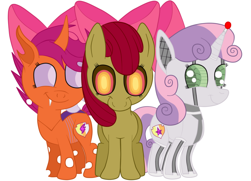 Size: 1936x1400 | Tagged: safe, artist:squipycheetah, derpibooru import, apple bloom, scootaloo, sweetie belle, changeling, earth pony, pony, robot, robot pony, undead, unicorn, zombie, zombie pony, fanfic:undead robot bug crusaders, friendship is witchcraft, story of the blanks, crusaders of the lost mark, adorabloom, alternate color palette, alternate cutie mark, alternate eye color, alternate hairstyle, alternate universe, apple bloom's bow, blanked apple bloom, changelingified, cute, cutealoo, cutie mark, cutie mark crusaders, diasweetes, fangs, female, filly, foal, happy, hooves, horn, looking at you, possessed, race swap, scootaling, simple background, smiling, species swap, standing, sweetie bot, the cmc's cutie marks, transparent background, transparent wings, trio, vector