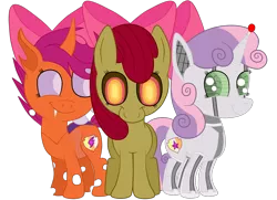 Size: 1936x1400 | Tagged: safe, artist:squipycheetah, derpibooru import, apple bloom, scootaloo, sweetie belle, changeling, earth pony, pony, robot, robot pony, undead, unicorn, zombie, zombie pony, fanfic:undead robot bug crusaders, friendship is witchcraft, story of the blanks, crusaders of the lost mark, adorabloom, alternate color palette, alternate cutie mark, alternate eye color, alternate hairstyle, alternate universe, apple bloom's bow, blanked apple bloom, changelingified, cute, cutealoo, cutie mark, cutie mark crusaders, diasweetes, fangs, female, filly, foal, happy, hooves, horn, looking at you, possessed, race swap, scootaling, simple background, smiling, species swap, standing, sweetie bot, the cmc's cutie marks, transparent background, transparent wings, trio, vector