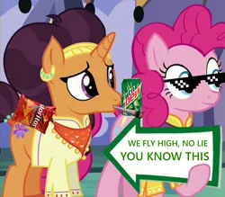 Size: 941x823 | Tagged: blunt, chips, deal with it, derpibooru import, doritos, edit, edited screencap, exploitable meme, food, jim jones, meme, mlg, mountain dew, pinkie pie, pinkie pie's sign, safe, saffron masala, screencap, smoking, song reference, spice up your life, sunglasses, we fly high
