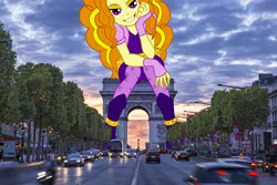 Size: 5472x3648 | Tagged: dead source, safe, artist:backgrounduser, artist:dodo1500, derpibooru import, edit, vector edit, adagio dazzle, equestria girls, absurd resolution, arc de triomphe, bedroom eyes, clothes, equestria girls in real life, france, giantess, grin, irl, macro, paris, photo, sitting, smiling, solo, vector