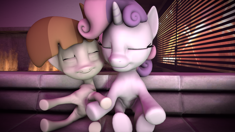 Size: 3840x2160 | Tagged: safe, artist:viranimation, derpibooru import, featherweight, sweetie belle, 3d, cute, eyes closed, featherbelle, shipping, source filmmaker, story included