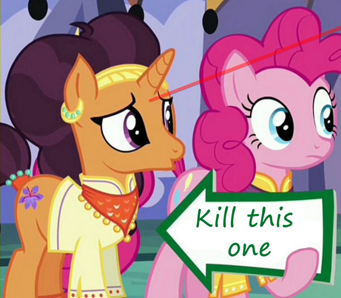 Size: 941x823 | Tagged: derpibooru import, edit, edited screencap, exploitable meme, image macro, implied sniper, laser, meme, pinkie pie, pinkie pie's sign, safe, saffron masala, screencap, spice up your life