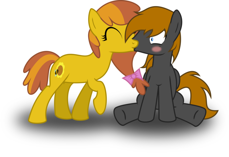 Size: 4374x3000 | Tagged: safe, artist:ruinedomega, derpibooru import, oc, oc:honey ella, oc:romance heart, unofficial characters only, earth pony, pegasus, pony, female, kissing, male, romella, sitting, standing, straight