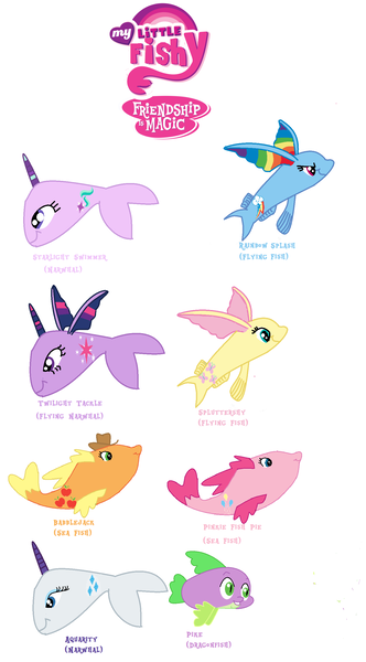 Size: 1432x2588 | Tagged: applejack, artist needed, derpibooru import, fish, fishified, flutterfish, fluttershy, flying fish, mane seven, mane six, my little x, narwhal, pike, pinkie pie, pun, rainbow dash, rainbow trout, rarifish, rarity, safe, source needed, species swap, spike, splash, starlight glimmer, twilight sparkle, wat