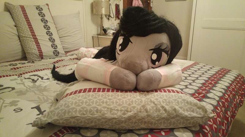 Size: 5312x2988 | Tagged: anthro, anthro plushie, artist:bigsexyplush, artist:somethingaboutoctavia, bed, bedroom eyes, close-up, clothes, cute, derpibooru import, doll, irl, lying, lying down, octavia melody, pajamas, photo, pillow, plushie, safe, tavibetes, toy