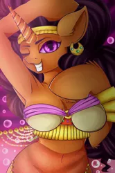 Size: 1525x2300 | Tagged: anthro, arm hooves, armpits, artist:iblisart, belly button, bra, breasts, busty saffron masala, clothes, derpibooru import, female, plump, saffron masala, spice up your life, suggestive, underwear, wink