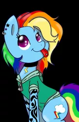 Size: 819x1263 | Tagged: safe, artist:gingerthefox, derpibooru import, rainbow dash, choker, ear piercing, earring, jewelry, piercing, solo, tattoo, tongue out, tongue piercing