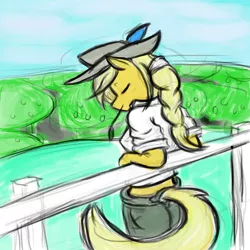 Size: 1000x1000 | Tagged: anthro, applejack, artist:thewraithofwolf, derpibooru import, eyes closed, fence, safe, solo