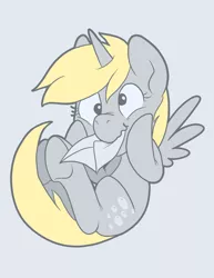 Size: 1487x1925 | Tagged: safe, artist:pixel-prism, derpibooru import, derpy hooves, alicorn, pony, :t, alicornified, cute, derpabetes, derpicorn, everyone is an alicorn, female, gray background, letter, looking at you, mare, mouth hold, nom, race swap, scrunchy face, simple background, smiling, solo, spread wings, squishy cheeks, sweet dreams fuel, this will end in muffins, this will end in tears, this will end in tears and/or death, underhoof, wavy mouth, wings, xk-class end-of-the-world scenario