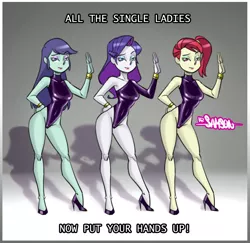 Size: 1028x1000 | Tagged: suggestive, artist:mr-samson, derpibooru import, edit, blueberry cake, rarity, rose heart, equestria girls, background human, beyonce, colored, colored sketch, high heels, latex, leotard, single ladies, song reference, stupid sexy rarity