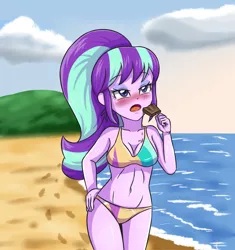 Size: 3366x3580 | Tagged: suggestive, artist:sumin6301, derpibooru import, edit, starlight glimmer, equestria girls, beach, beach babe, belly button, bikini, bikini babe, blushing, bra, breasts, chocolate, cleavage, clothes, cropped, equestria girls-ified, female, food, hand on hip, ice cream, ocean, open mouth, panties, sand, showing off, solo, solo female, swimsuit, underwear, water