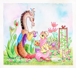 Size: 1200x1066 | Tagged: angel bunny, artist:kaikaku, bird, both cutie marks, derpibooru import, discord, flower, fluttershy, garden, gardening, hat, safe, sitting, traditional art, watercolor painting, watering