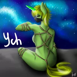 Size: 1920x1920 | Tagged: suggestive, artist:stirren, derpibooru import, oc, unofficial characters only, anthro, earth pony, unicorn, bdsm, bondage, bound, eyes closed, gag, horn, muzzle gag, night, open air, outdoor, outdoors, ropes, shibari, sky, solo, space, tied up, your character here