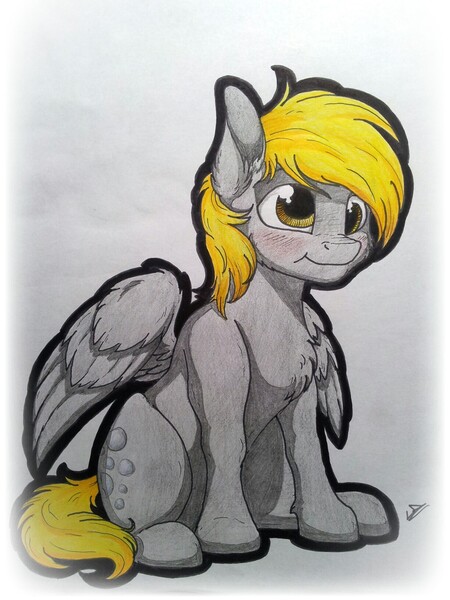 Size: 1224x1632 | Tagged: safe, artist:lupiarts, derpibooru import, derpy hooves, pegasus, pony, :t, blushing, chest fluff, cute, derpabetes, ear fluff, female, mare, nose wrinkle, sitting, solo, traditional art