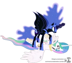 Size: 10330x9190 | Tagged: absurd resolution, artist:90sigma, derpibooru import, fight, glowing eyes, magic, nightmare moon, on back, princess celestia, safe, simple background, transparent background