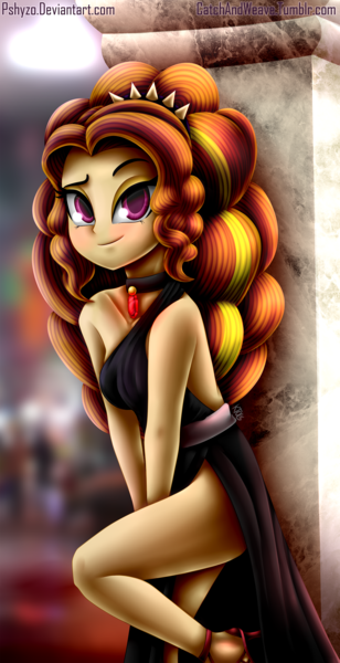 Size: 1288x2512 | Tagged: suggestive, artist:pshyzomancer, derpibooru import, adagio dazzle, equestria girls, blushing, clothes, dress, female, high heels, little black dress, looking at you, side slit, solo, solo female, stupid sexy adagio dazzle