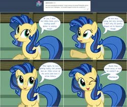Size: 1600x1354 | Tagged: suggestive, artist:flash equestria photography, derpibooru import, oc, oc:milky way, unofficial characters only, earth pony, pony, milkmare of trottingham, ask, bad pun, comic, crotchboobs, dialogue, female, freckles, impossibly large crotchboobs, pun, show accurate, solo, tumblr