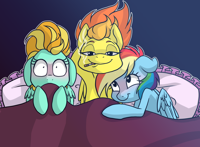 Size: 1280x944 | Tagged: suggestive, artist:arcadianphoenix, derpibooru import, lightning dust, rainbow dash, spitfire, pegasus, pony, twilight sparkle's secret shipfic folder, aftersex, arm behind head, bed, blushing, cigarette, cuddling, female, floppy ears, image, implied group sex, implied sex, implied threesome, lesbian, mare, pillow, png, polyamory, rainbowdustfire, ruined for marriage, shipping, smiling, smoking, snuggling, spitdash, spitdust, spitfire gets all the mares