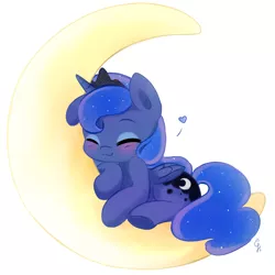 Size: 2000x2000 | Tagged: :3, artist:exceru-karina, blushing, cute, derpibooru import, eyes closed, filly, heart, lunabetes, moon, princess luna, prone, safe, sleeping, solo, tangible heavenly object, woona