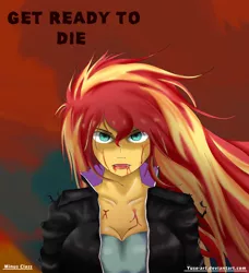 Size: 3200x3508 | Tagged: semi-grimdark, artist:minusclass, derpibooru import, sunset shimmer, equestria girls, andrew w.k., badass, blood, breasts, busty sunset shimmer, cleavage, clothes, dialogue, female, leather jacket, open mouth, solo, song reference, text