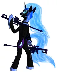 Size: 1496x1881 | Tagged: dead source, safe, artist:panzerhi, derpibooru import, nightmare moon, pony, barrett, bipedal, gun, m82a3, pun, rifle, solo, visual pun, weapon