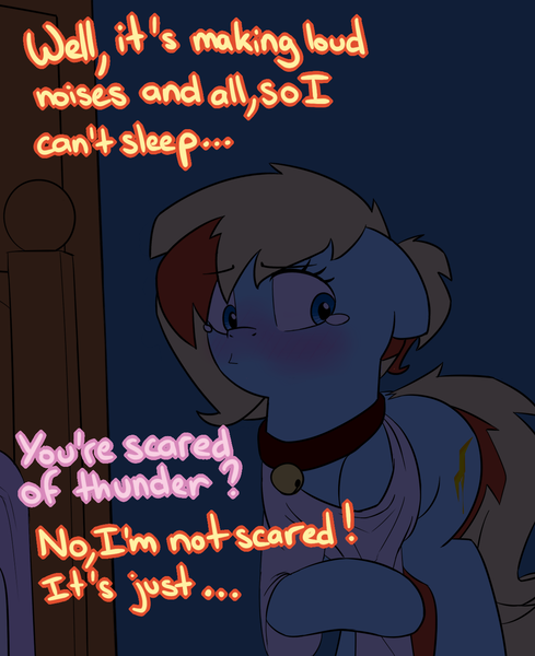 Size: 1139x1397 | Tagged: safe, artist:victoreach, derpibooru import, oc, oc:honey wound, unofficial characters only, astraphobia, bedroom, blushing, clothes, collar, crying, cute, fear, night, pouting, solo, storm