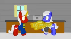 Size: 1280x694 | Tagged: safe, artist:minty candy, derpibooru import, oc, oc:serene steel, oc:static charge, unofficial characters only, earth pony, pony, unicorn, fallout equestria, fallout equestria: empty quiver, case, clothes, gauss rifle, indoors, magic, table, telekinesis, workshop