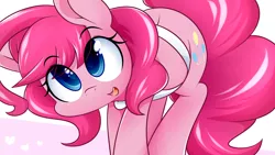Size: 1920x1080 | Tagged: safe, artist:dshou, derpibooru import, pinkie pie, earth pony, pony, alternate hairstyle, apron, clothes, colored pupils, cute, diapinkes, eye clipping through hair, female, heart, looking at you, looking up, mare, open mouth, simple background, smiling, solo, weapons-grade cute, white background, yet another pinkie blog
