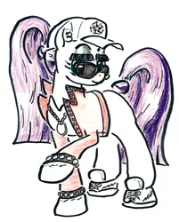 Size: 844x1049 | Tagged: safe, artist:shoeunit, derpibooru import, coloratura, earth pony, pony, baseball cap, bracelet, clothes, countess coloratura, female, hat, hip hop, jacket, jewelry, mare, necklace, raised hoof, shoes, simple background, sneakers, solo, spiked wristband, sunglasses, traditional art, white background