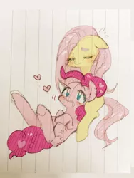 Size: 768x1024 | Tagged: artist:yukutamil, blushing, derpibooru import, drawing, female, flutterpie, fluttershy, lesbian, pinkie pie, safe, shipping