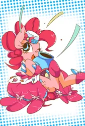 Size: 1292x1908 | Tagged: dead source, safe, artist:setoya, derpibooru import, pinkie pie, earth pony, pony, clothes, cute, diapinkes, dress, one eye closed, open mouth, party cannon, sitting, solo, wink