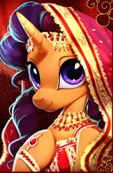 Size: 3242x4977 | Tagged: safe, artist:imalou, derpibooru import, saffron masala, pony, unicorn, spice up your life, beautiful, bust, chef, cute, female, hoof on chest, indian, jewelry, looking at you, mare, portrait, saffronbetes, smiling, solo, stunning beauty, three quarter view